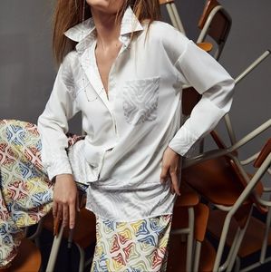 SHEIN X LATIKA Graphic Print Drop Shoulder Pocket Front Blouse